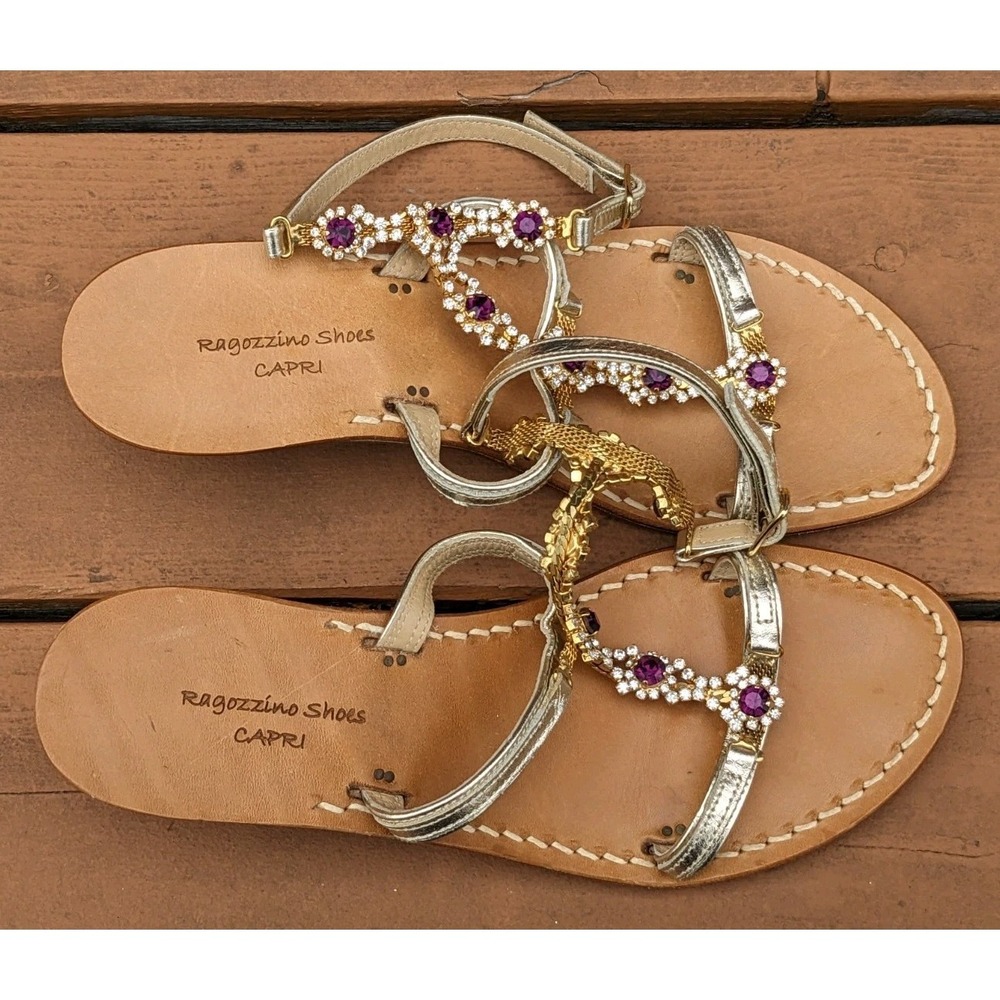 Ragozzino Shoes Capri Rhinestone Caged Heel Gold Leather Sandals Women 37 Italy - Picture 8 of 13